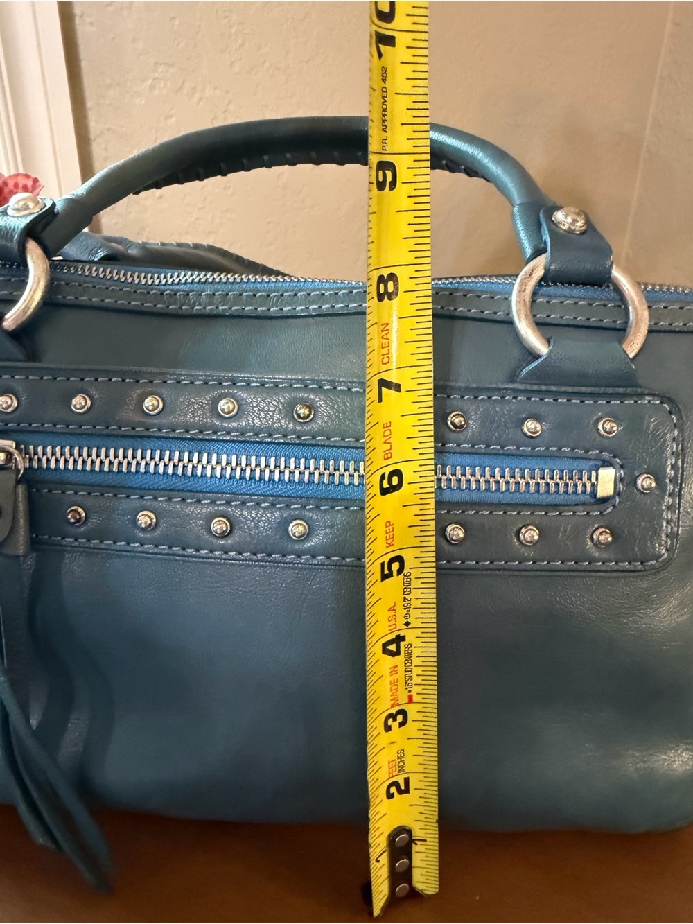 Michael Kors Vintage East West Teal Leather Shoulder Bag with Studded Zip Pocket - Picture 11 of 15